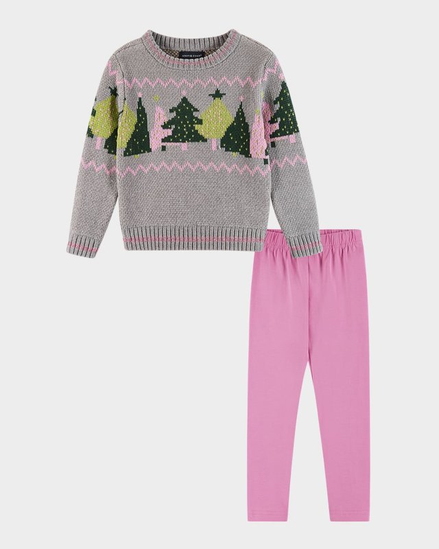Girl's Sweater Christmas Tree Intarsia & Knit Pants Set, Size 2T-6X